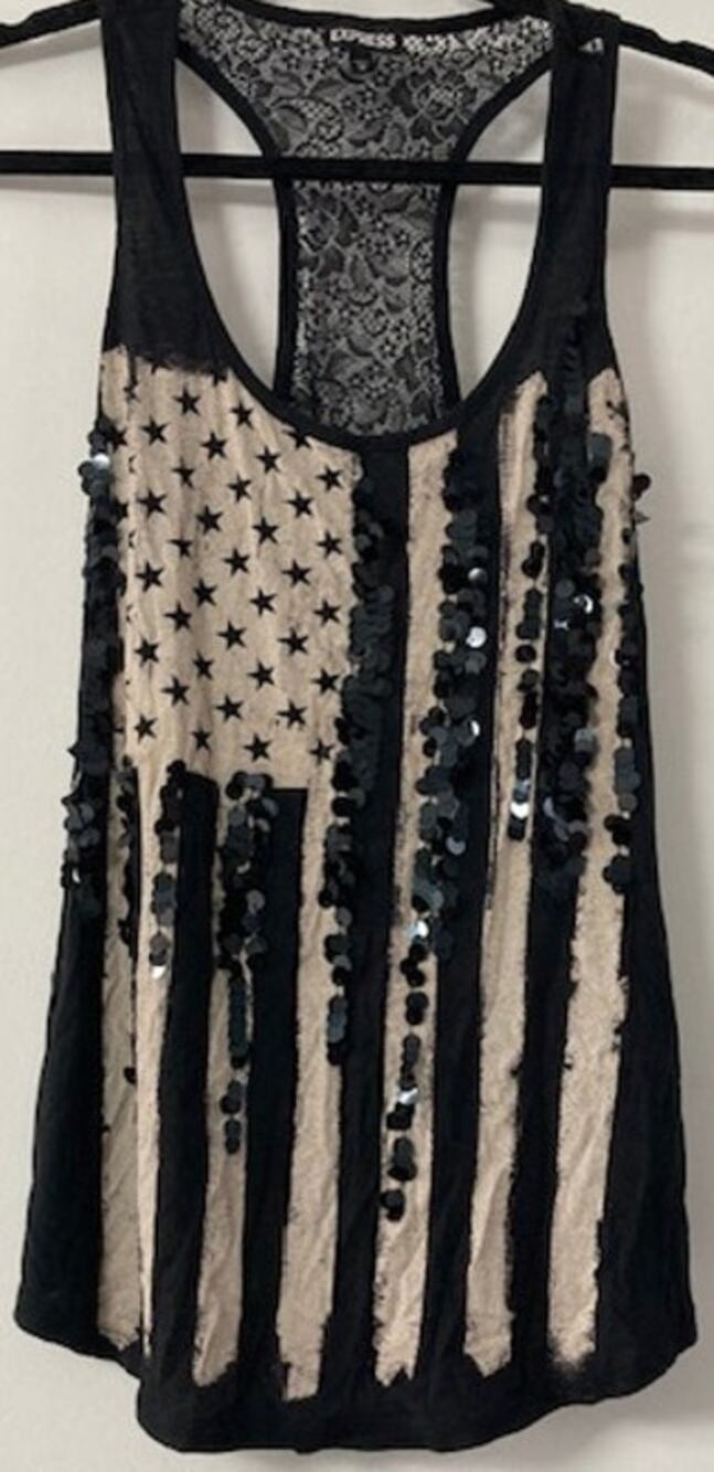 Express Sequin Flag Lace Racerback Tank Top | Sheer Back USA Blouse | Size M